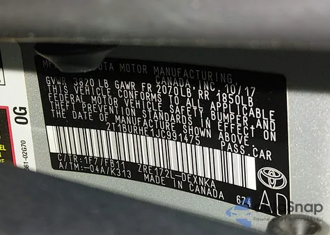 2018 Toyota Corolla Le из США, поврежденный, VIN 2T1BURHE1JC991475